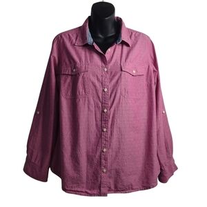 St. John’s Bay Long Sleeve Button Up Pink w/Tiny White Dots Cotton Shirt Sz PL